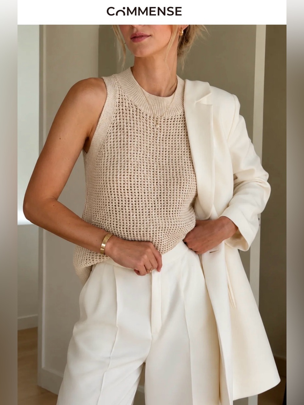 Commense Cream Open-Knit Sleeveless Shell Top